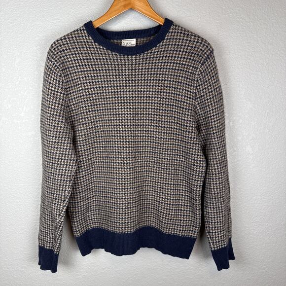 J Crew Mens Houndstooth Jacquard Crew Neck Sweater Size M Tan Blue Merino Wool - Picture 1 of 6
